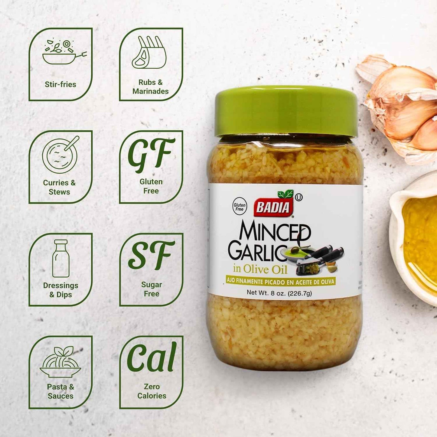 Badia Pre-Minced Garlic in Olive Oil – Ready-to-Spoon Aromatic for Quick Stir-Fry Dinners