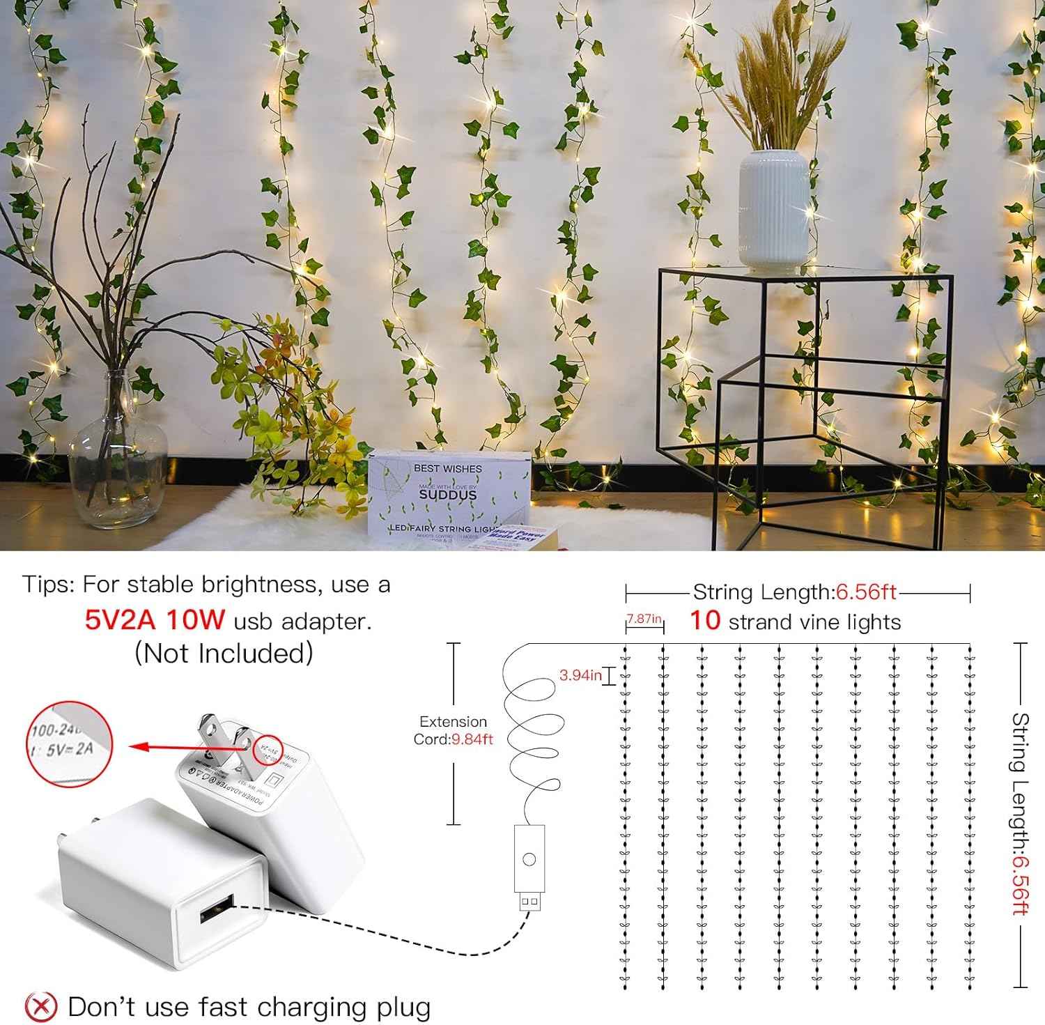 suddus Vine Fairy Lights – Thoughtful Birthday Gift for Her, Pre-Lit Ivy Curtain with 8 Modes and Auto Timer