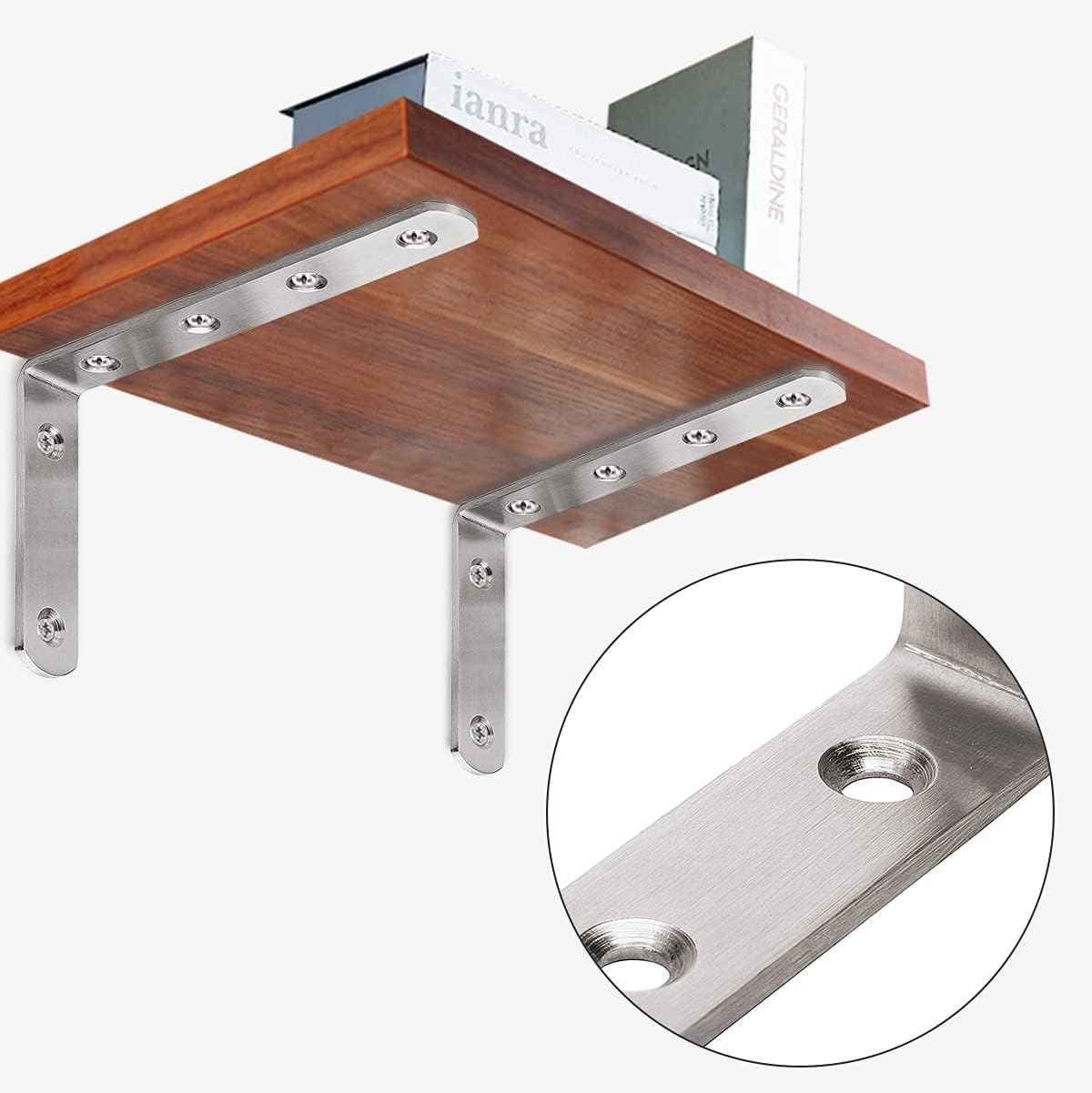 YUMORE Heavy Duty Shelf Bracket – Solid Stainless Steel L Brace for Home Office Wall Storage, 90 Degree Accuracy, 4 Pack