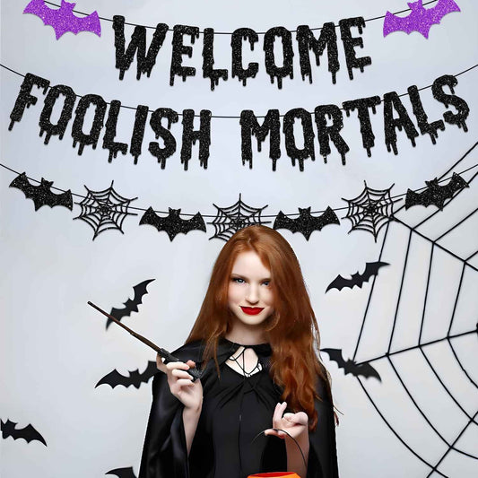 Welcome Foolish Mortals Halloween Banner – Bedroom Aesthetic & Cozy Spooky Hallway Mantel Decoration, Purple and Black Glitter Cardstock