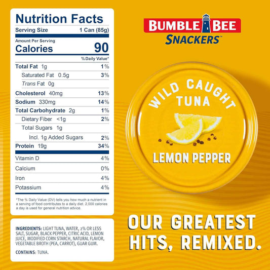 Bumble Bee Snackers Lemon Pepper Tuna – Desk Lunch Protein for Busy Office Professionals, 19g Ready-to-Eat Snack