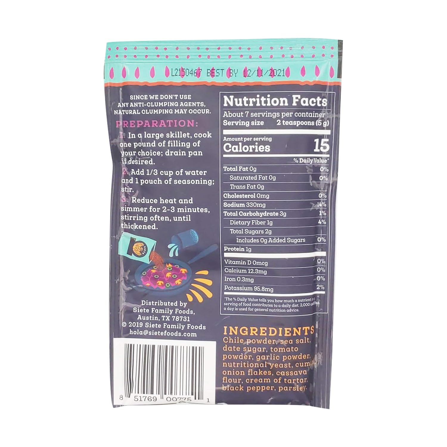 preservative-free ingredient list including chile powder, cumin, nutritional yeast, and cassava flour