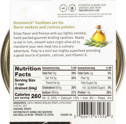 Brunswick Smoked Brisling Sardines in EVOO – Clean Eating Snack for Low-Carb and Mediterranean Wellness Diets