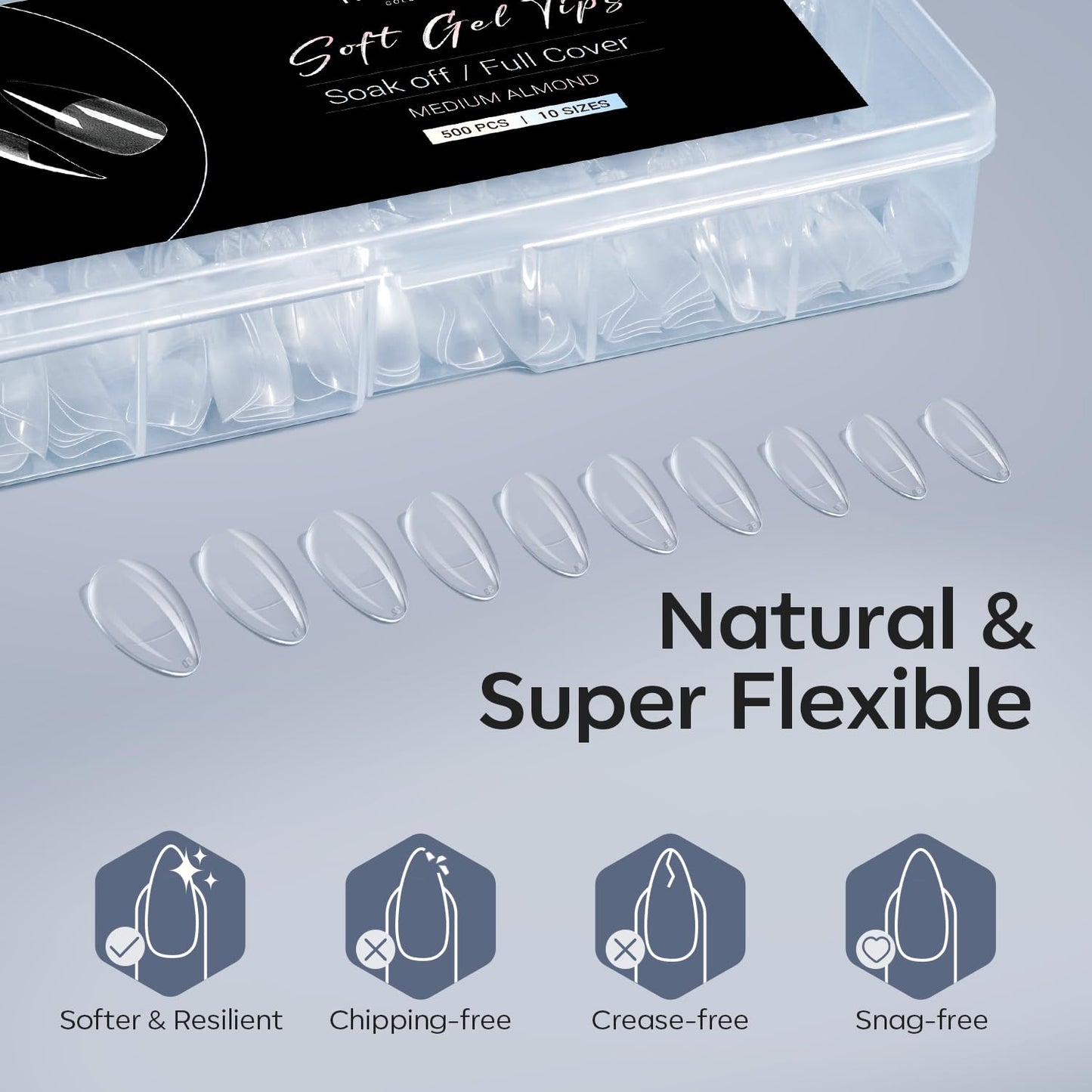 press-on nail tip assortment in coffin, almond, square, round, stiletto, and pointed shapes with up to 510 pieces per pack