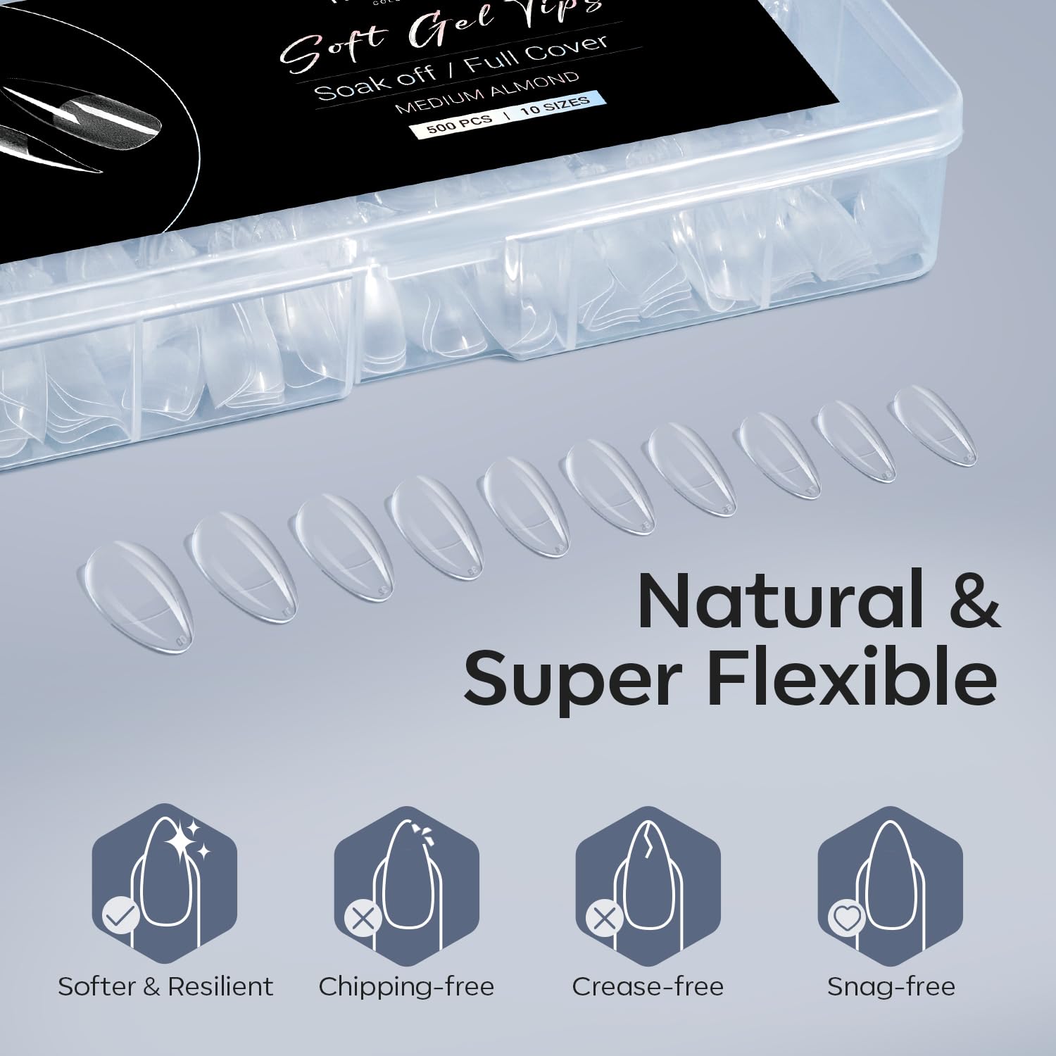 press-on nail tip assortment in coffin, almond, square, round, stiletto, and pointed shapes with up to 510 pieces per pack