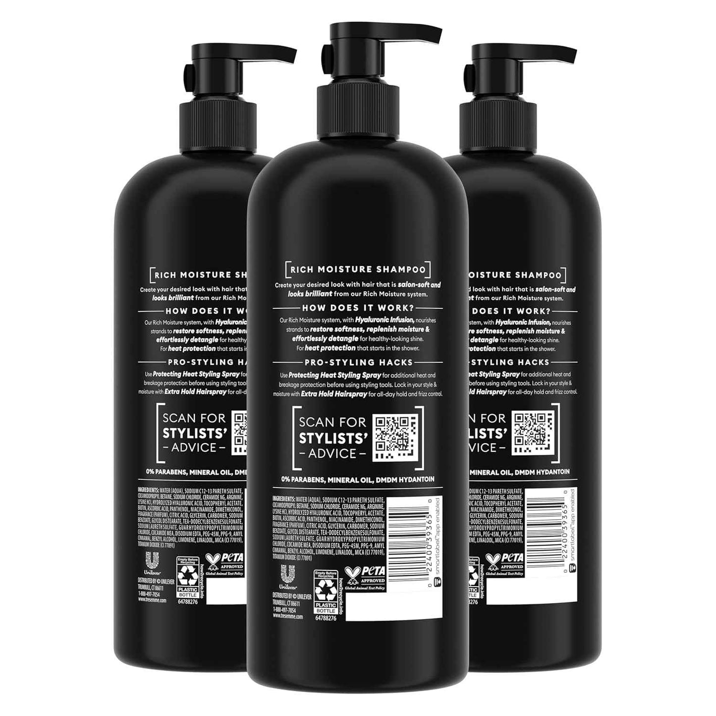 TRESemmé Rich Moisture Hydrating Shampoo 3 Count for Dry Hair Hyaluronic Acid Self Care Ritual 28 Fl Oz