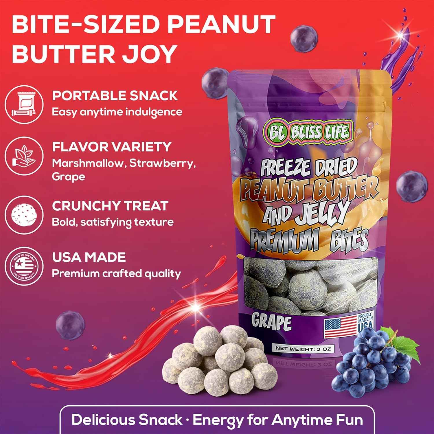 Freeze Dried PB&J Grape Candy – No Melt Travel Candy for Road Trips and Car Snacking 2oz