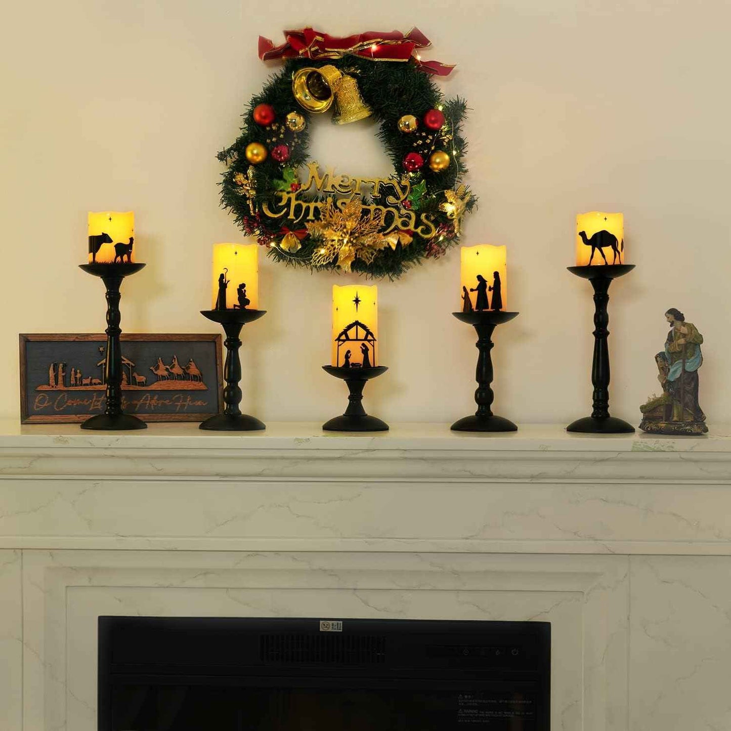 Homemory Nativity Scene Pillar Candles - Living Room Mantel Centerpiece Decor for Cozy Christmas Aesthetic, 5 Flameless LED Set