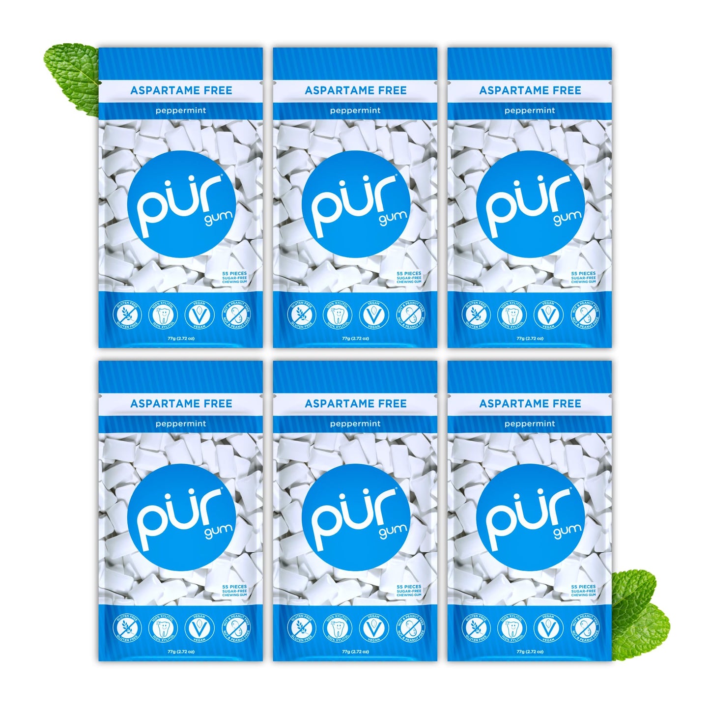 PUR Gum | Aspartame Free Chewing Gum | 100% Xylitol | Natural Peppermint Flavored Gum, 55 Pieces (Pack of 6)