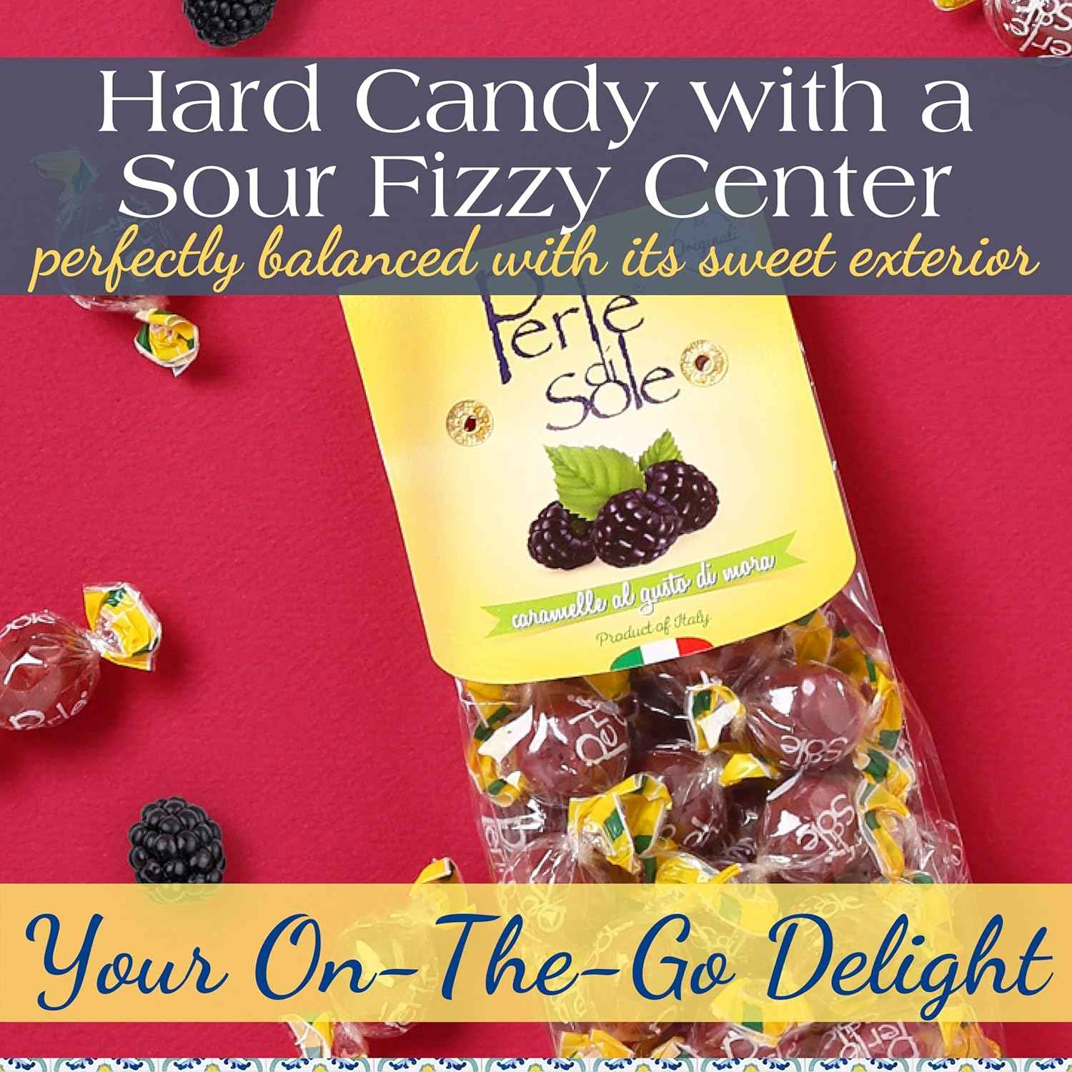 Perle di Sole Blackberry Italian Hard Candy Individually Wrapped – Kid-Friendly Lunchbox Treat, Single-Serve Portion-Controlled Candy