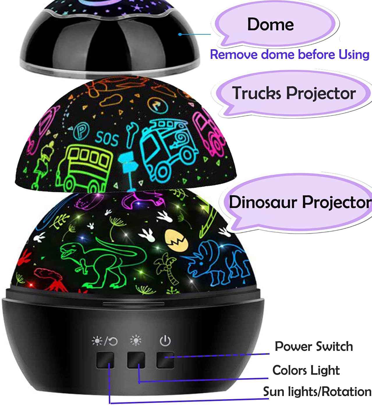 MINGKIDS Dinosaur and Truck Projector Night Light – Safe Bedroom Ceiling Lamp for Toddlers and Young Children