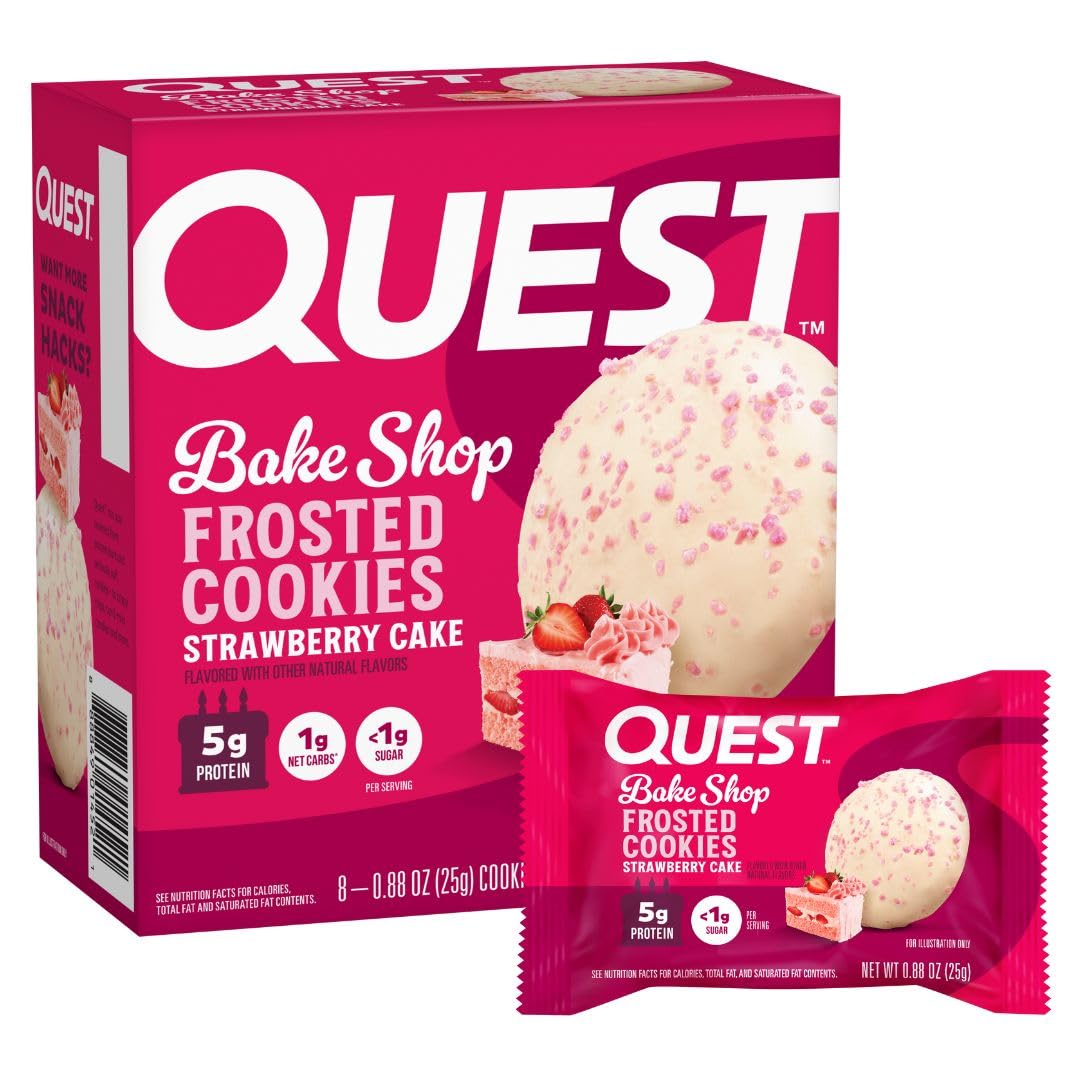 Quest Nutrition Frosted Cookies, Strawberry Cake, 1g Sugar, 11g Protein, 2g Net Carbs, Gluten Free, 8 Count