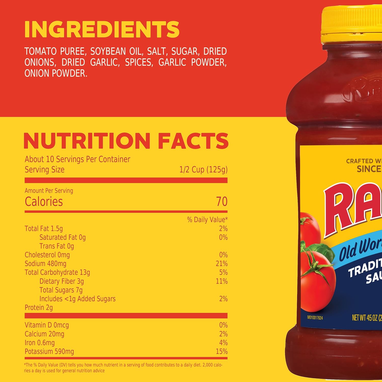Ragu Old World Style Traditional Sauce, Made with Olive Oil, Family-Friendly Pasta Sauce for Kid-Approved Dinners, 45 oz