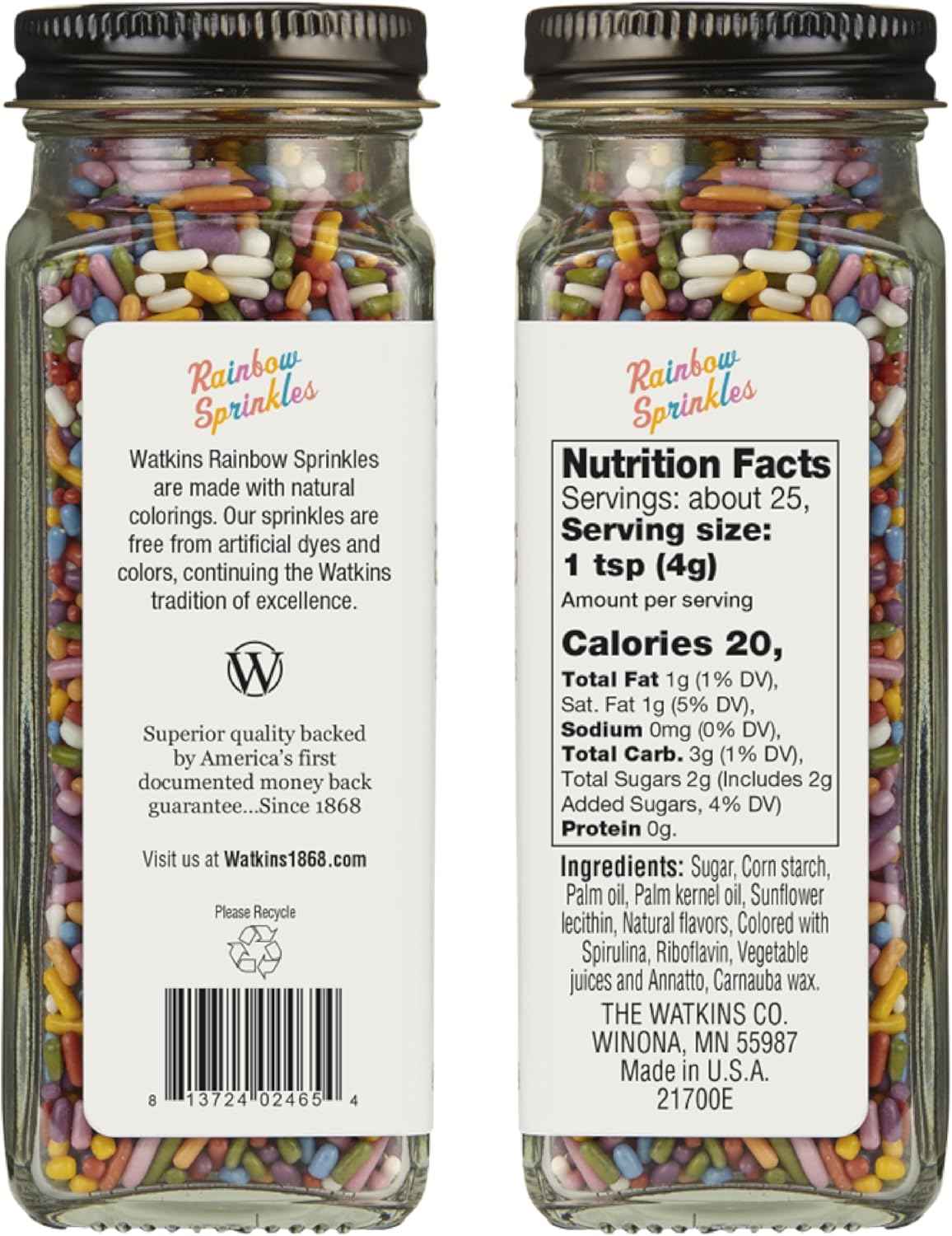 Watkins Rainbow Decorating Sprinkles – Thoughtful Birthday Gift for the Home Baker, Dye Free 3.4 oz Jar