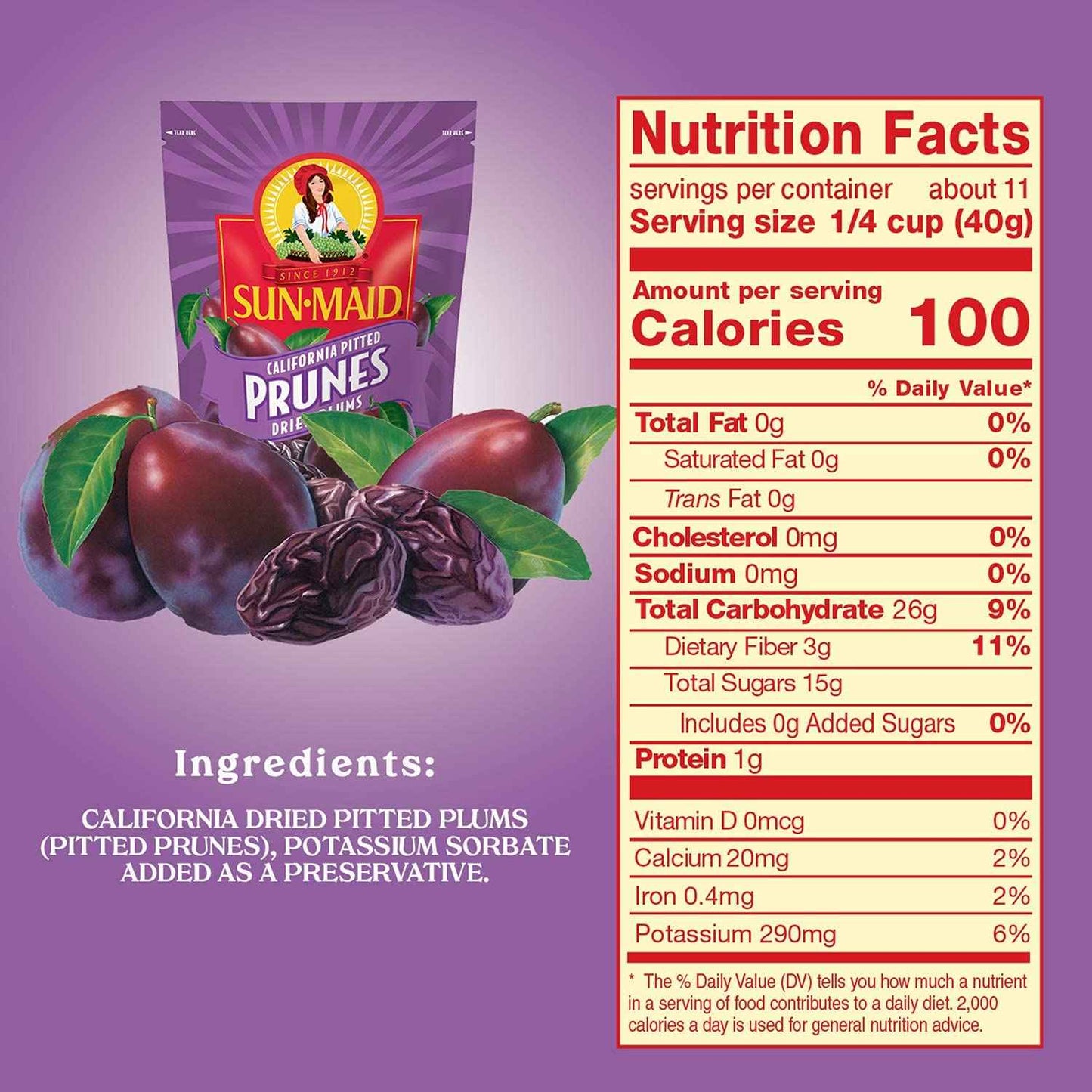 Sun-Maid Pitted Prunes – Lunchbox-Ready Pitted Fruit for Kids' School Meals, 7 oz Bag
