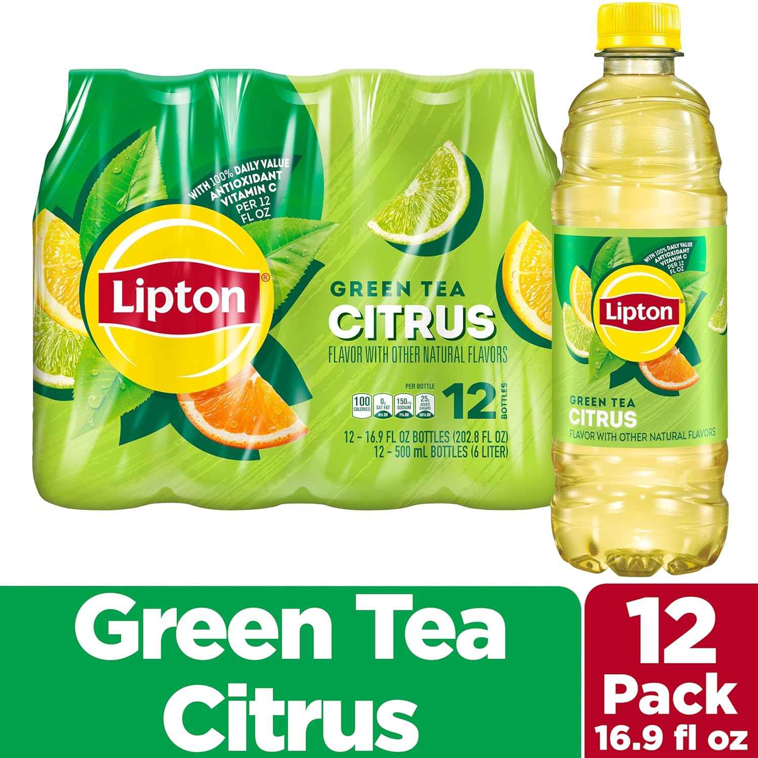Lipton Green Tea Citrus Bottle (16.9 fl oz, Pack of 12) – Midday Focus Drink for Office Desk and Study Room Refreshment