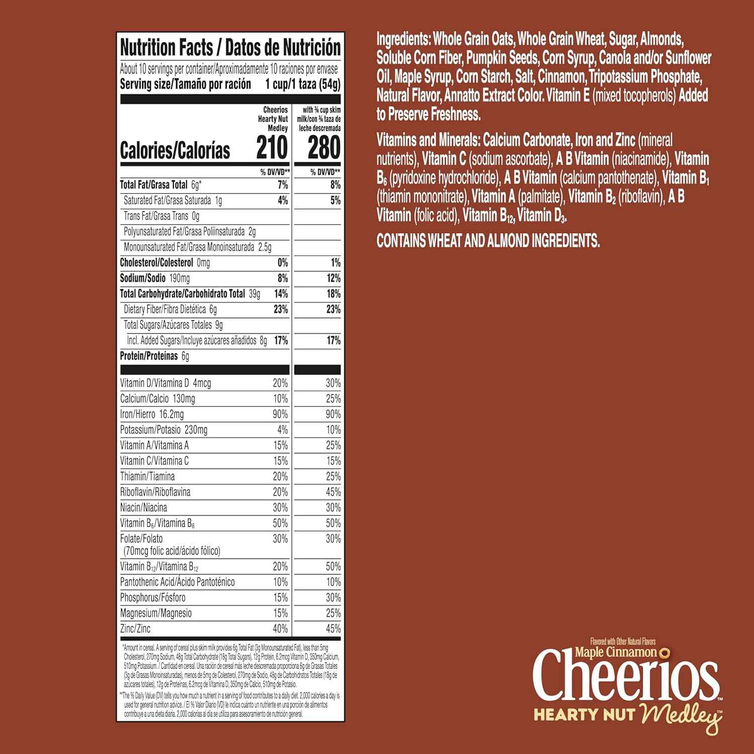 Cheerios Hearty Nut Medley Maple Cinnamon – Family Breakfast Cereal Kids and Adults Both Love, Maple Cinnamon Flavor, 20 oz Box