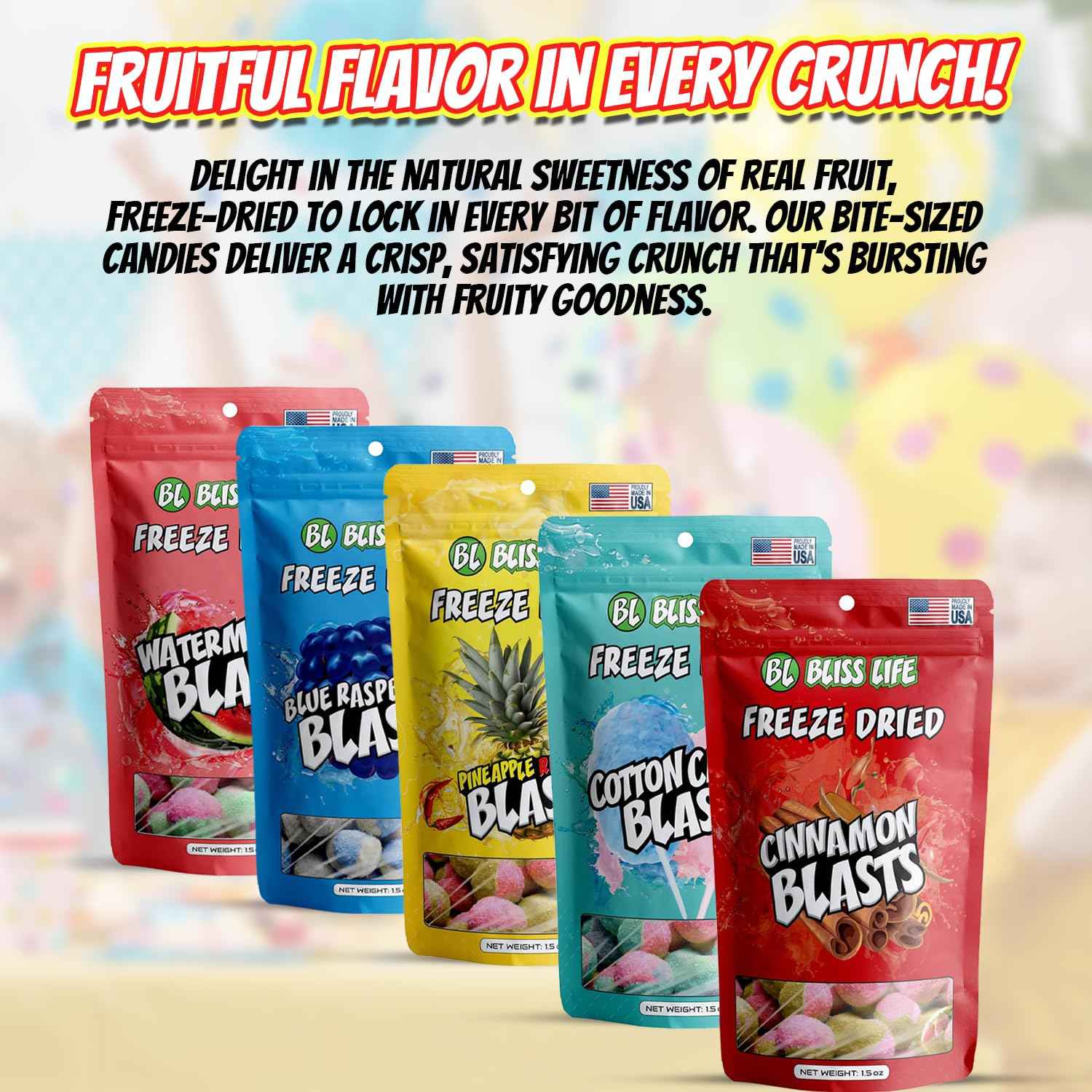 Bliss Life Freeze Dried Candy Variety Pack for School Snacks and Playdate Treats, 1.5oz Kid-Friendly Crunchy Bags