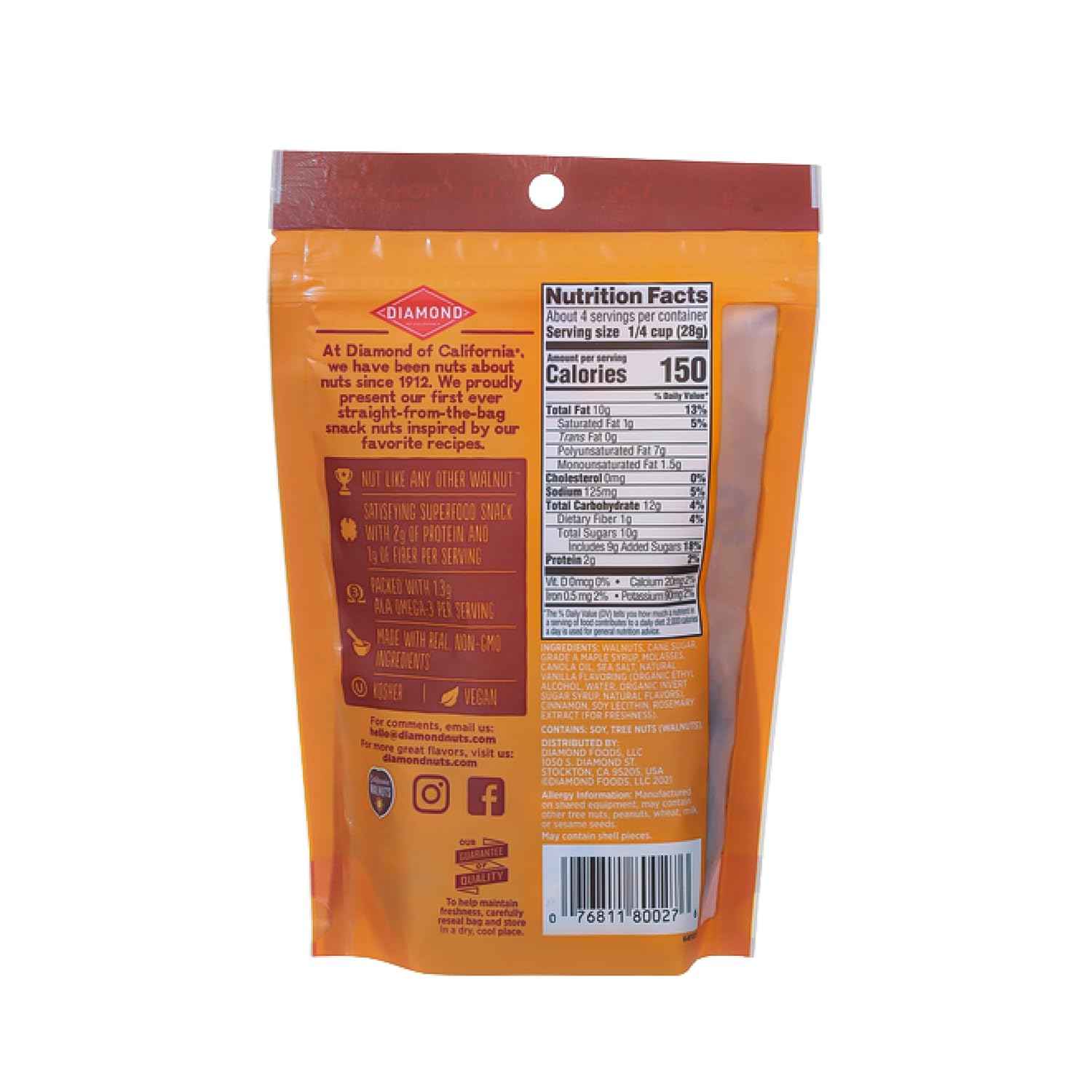 Diamond of California Sweet Maple Walnuts 4 oz – Portable Maple Walnut Snack for Road Trips and Picnics