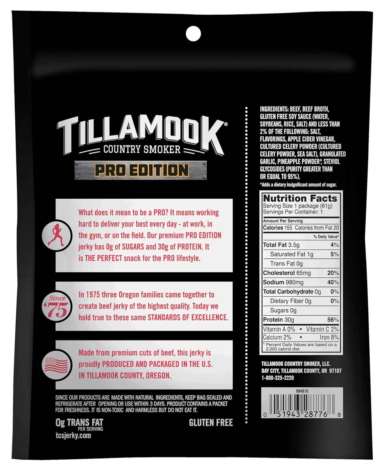 Tillamook Country Smoker PRO Edition Beef Jerky, Original Zero Sugar, 2.14 Oz Portable Protein Pack for Hiking, Camping and Backcountry Trips