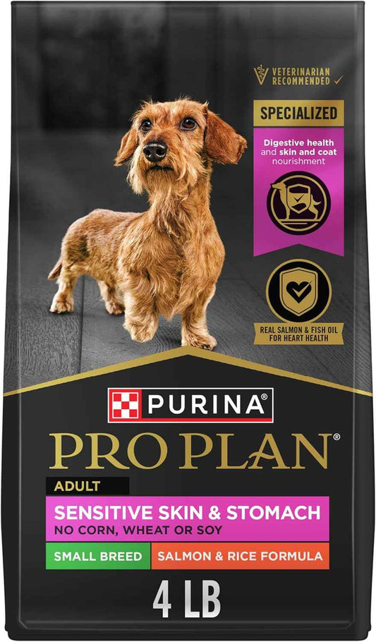 Purina Pro Plan Small Breed Sensitive Skin and Stomach Salmon – Corn, Wheat, and Soy-Free Formula for Reactive Adult Dogs, 4 lb Bag