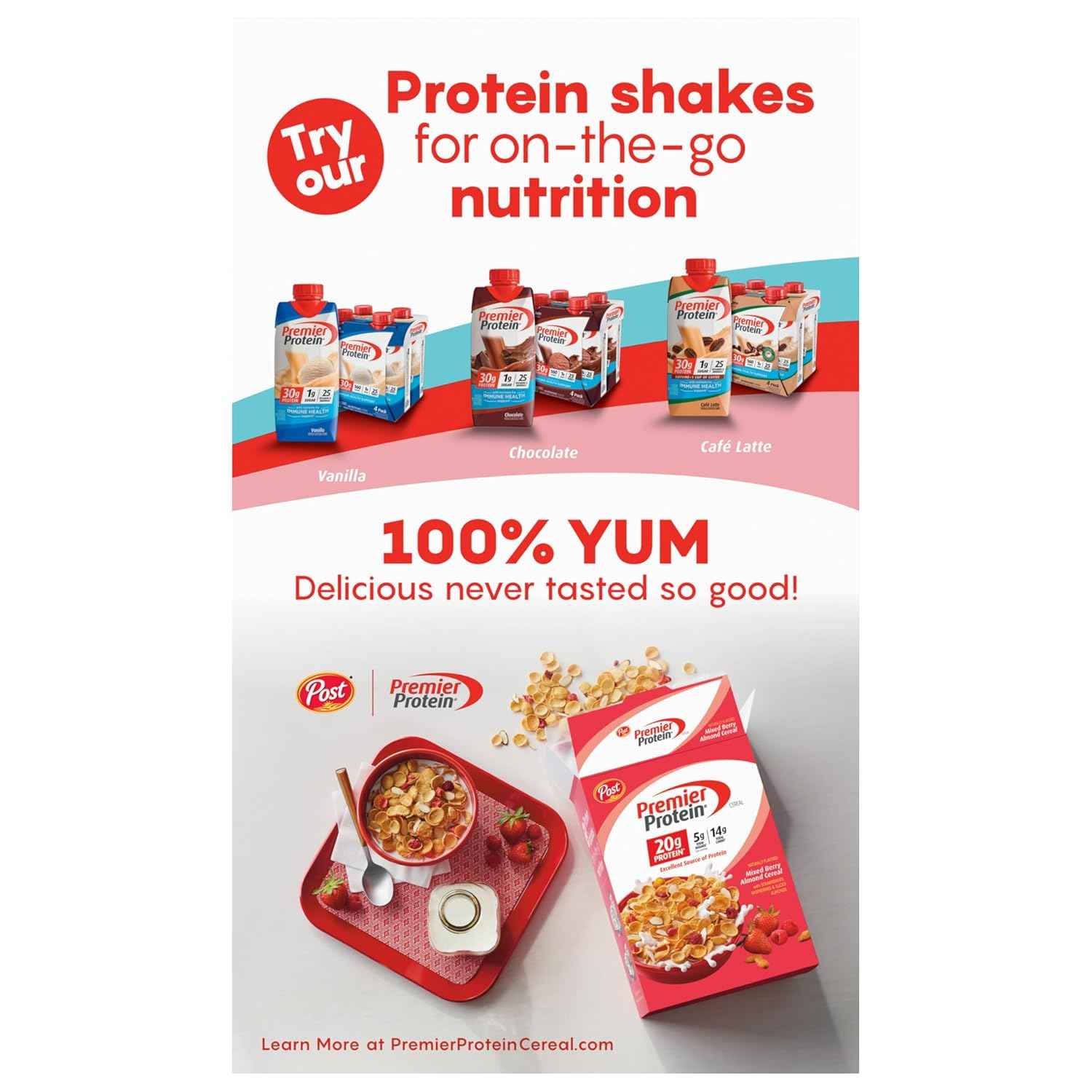 Post Premier Protein Chocolate Almond Cereal — Desk Drawer Snack Cereal with 20g Protein to Beat the Mid-Afternoon Crash