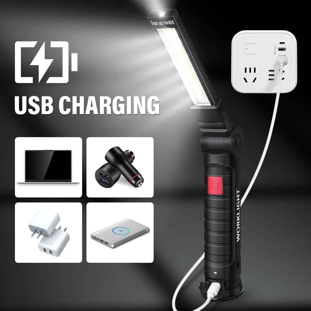 LED Work Light Rechargeable Flashlight – Practical Christmas Stocking Stuffer for Men, Mechanic Gift for Husband and Dad, 2-Pack with Dual USB Cables