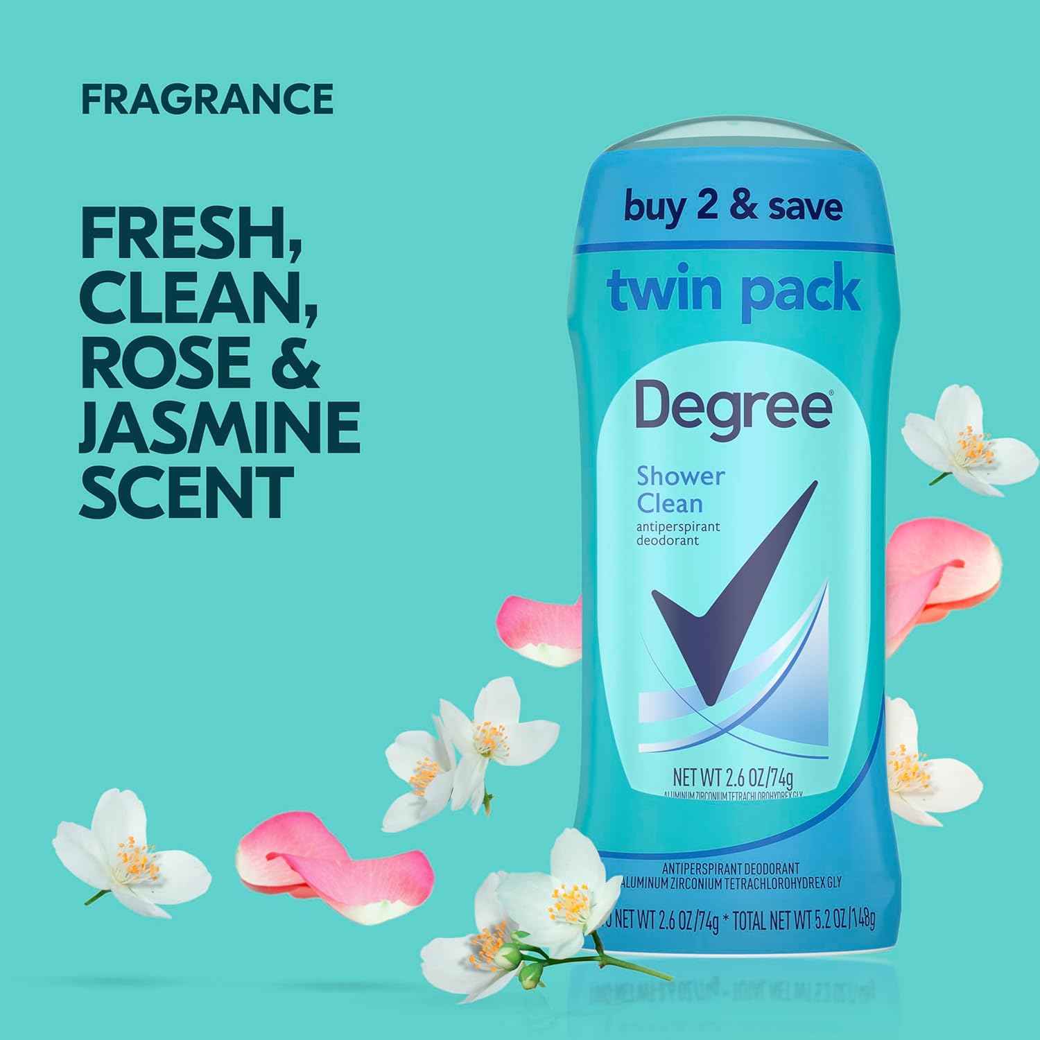 Degree Shower Clean Antiperspirant Stick for Women – Nightly Self-Care Ritual with 48-Hour Rose and Jasmine Freshness, Twin Pack 2.6 oz