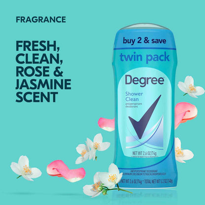 Degree Shower Clean Antiperspirant Stick for Women – Nightly Self-Care Ritual with 48-Hour Rose and Jasmine Freshness, Twin Pack 2.6 oz