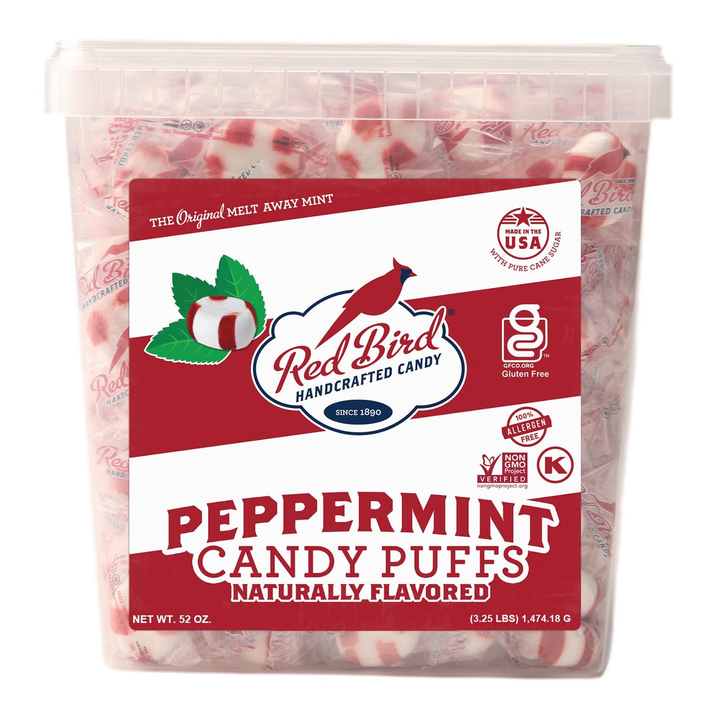Red Bird Soft Peppermint Puffs Candy, Individually Wrapped Soft Mints, 52 oz Tub