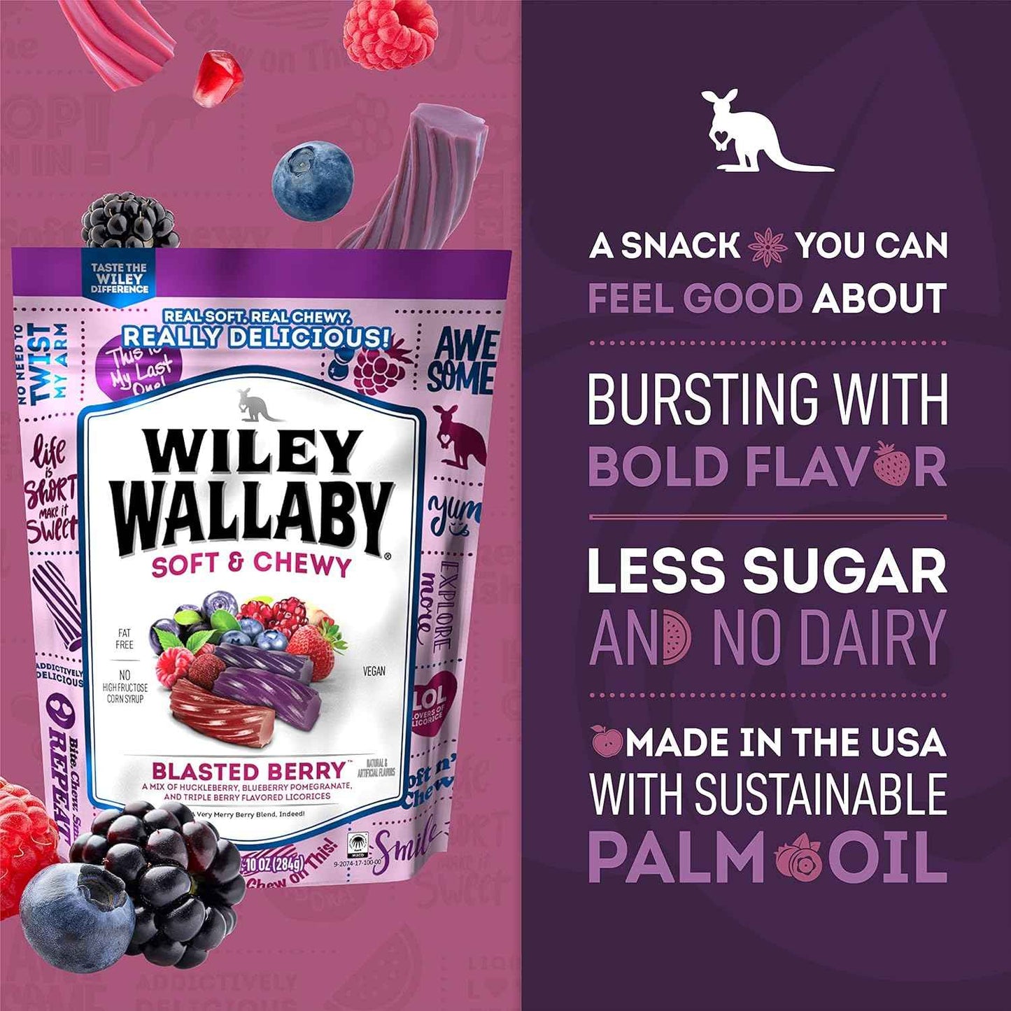 Wiley Wallaby Licorice 10 Ounce Classic Gourmet Soft & Chewy Australian Blasted Berry Candy Twists – Resealable Berry Chews for Camping Trips and Road Travel