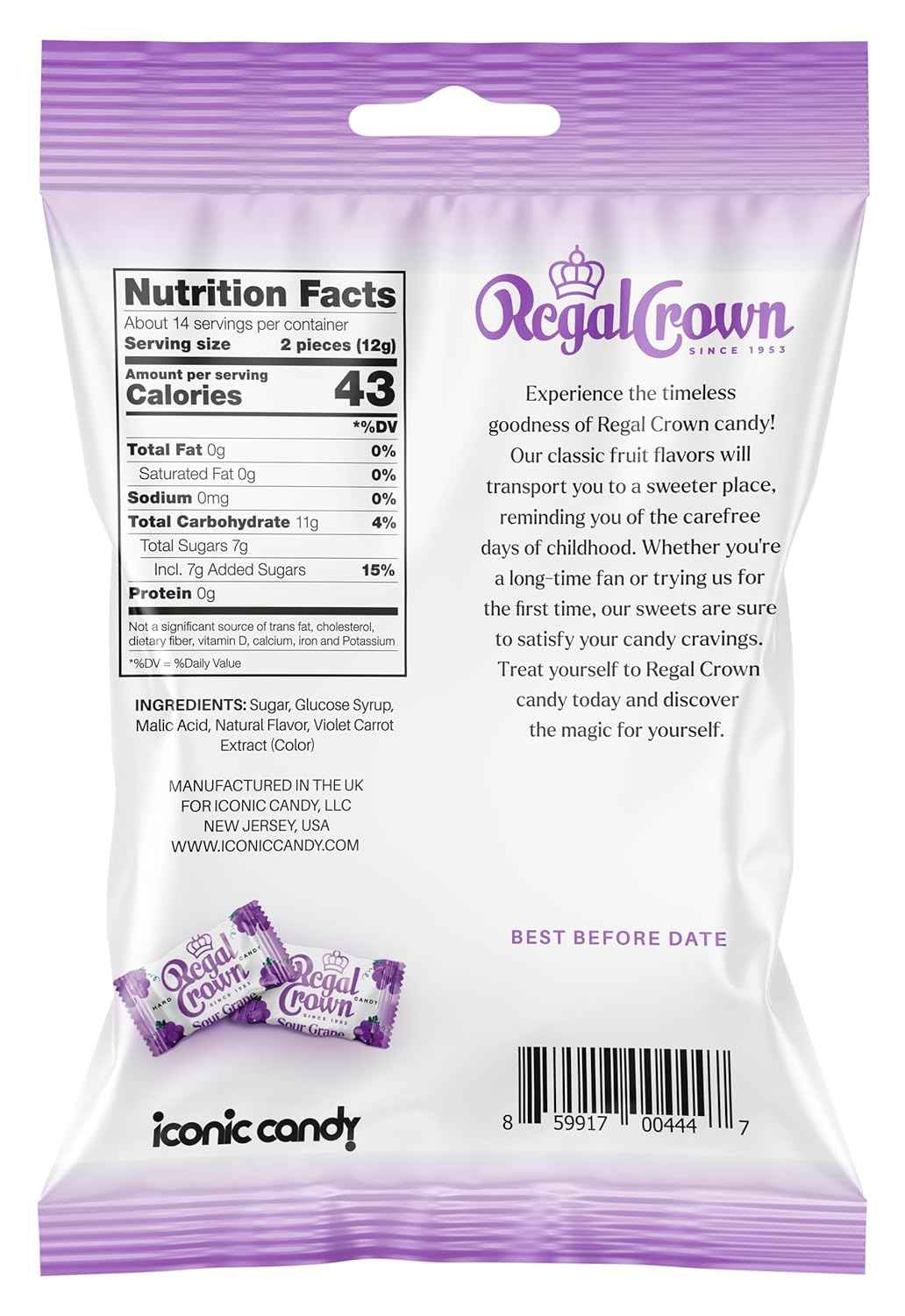 Regal Crown Sour Grape Hard Candy | Nostalgic British Candy Gift for Mom and Grandma | Vintage-Inspired Stocking Stuffer, 6.25oz Peg Bag