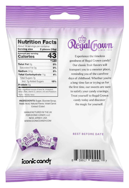 Regal Crown Sour Grape Hard Candy | Nostalgic British Candy Gift for Mom and Grandma | Vintage-Inspired Stocking Stuffer, 6.25oz Peg Bag