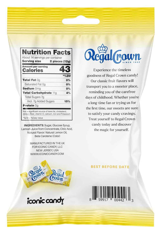 Regal Crown Sour Lemon Hard Candy – Kids Lunchbox Treat, Individually Wrapped British Sweets with No Artificial Colors (6.25 oz)