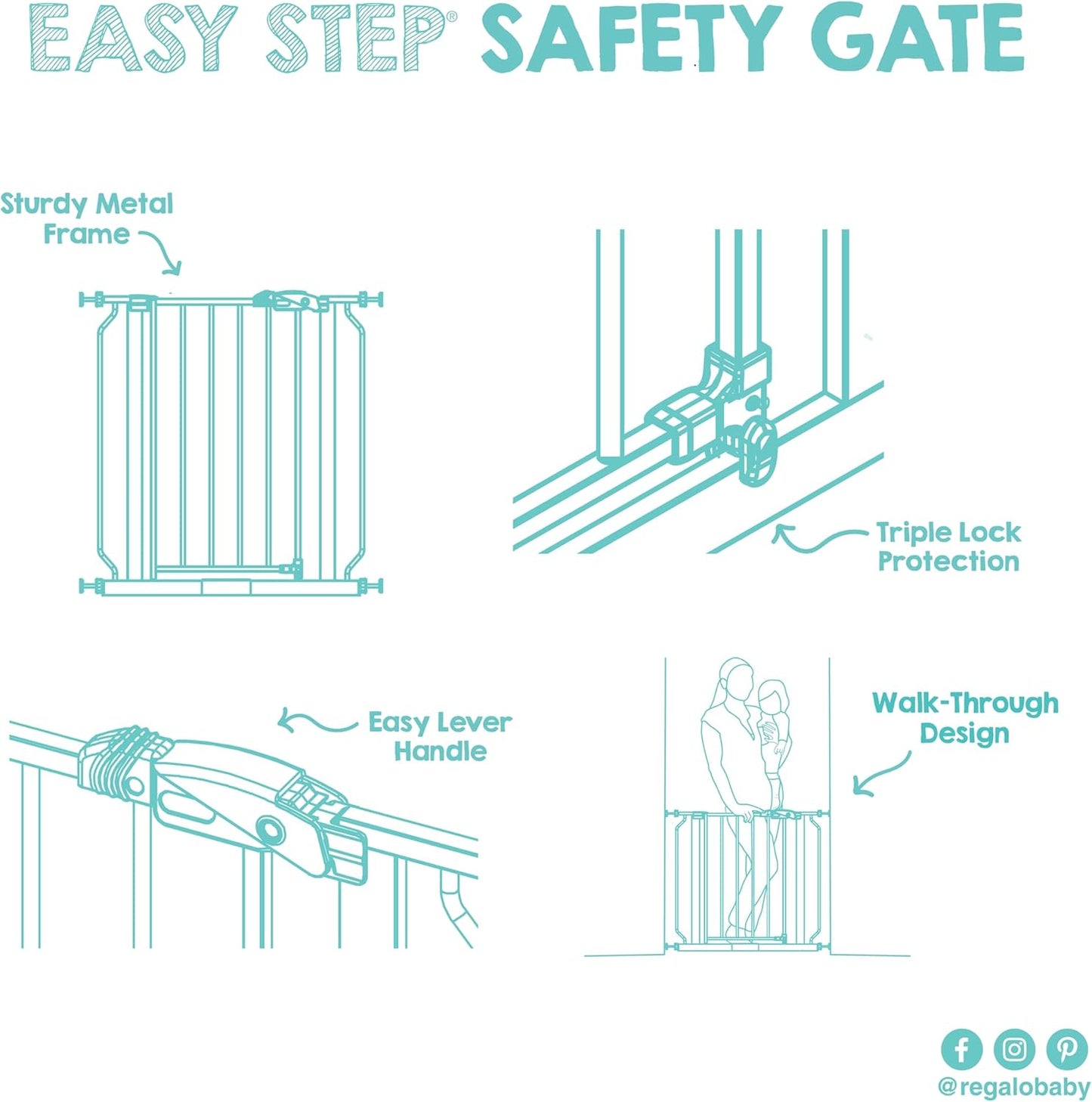 Regalo Baby Gate with Door in White – Modern Pressure Mounted Safety Gate that Blends with Doorways, Hallways and Staircases