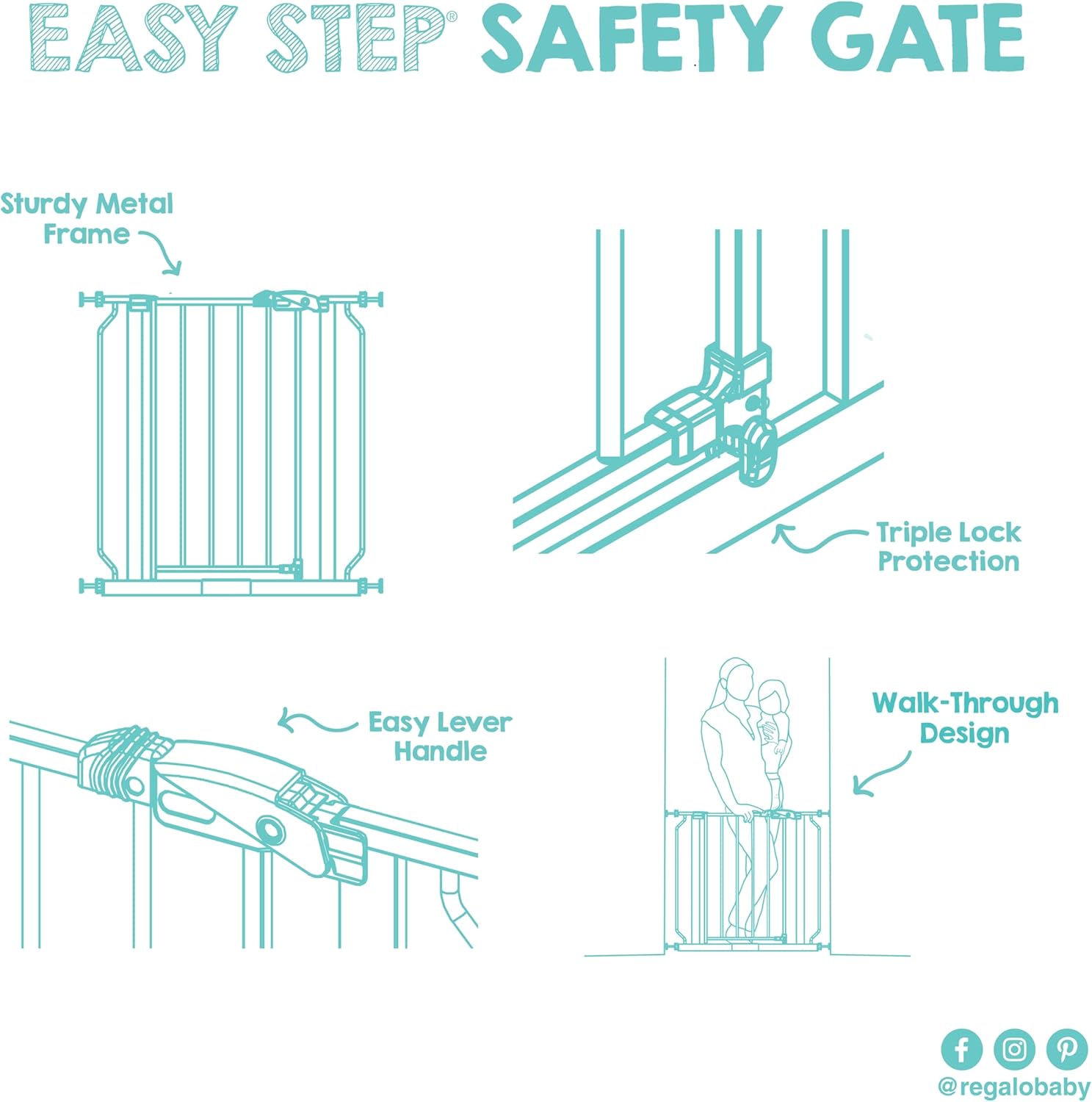 Regalo Baby Gate with Door in White – Modern Pressure Mounted Safety Gate that Blends with Doorways, Hallways and Staircases