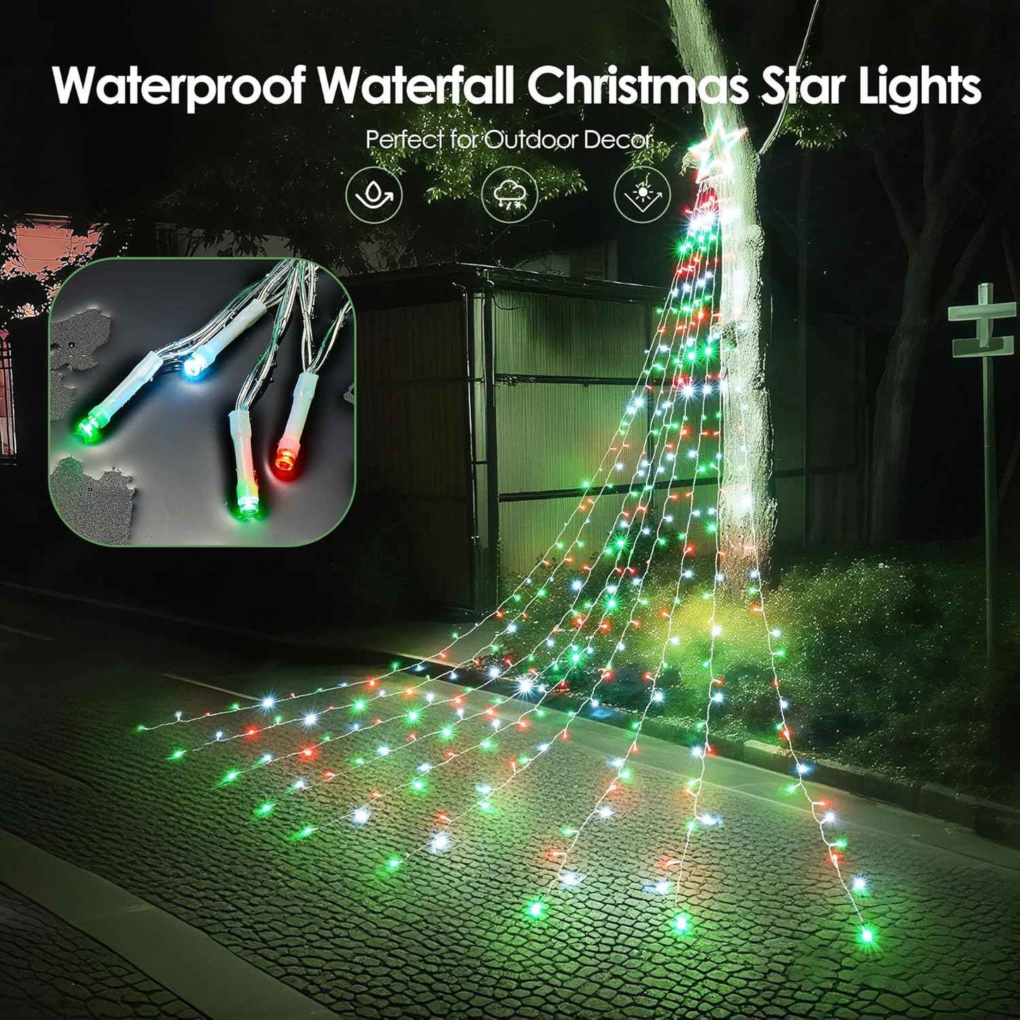 WBao Safe Outdoor Christmas Lights with UL588 Certification, Flameless 344 LED Waterfall Star Topper with Timer Auto Shutoff for Family Yard Decorating