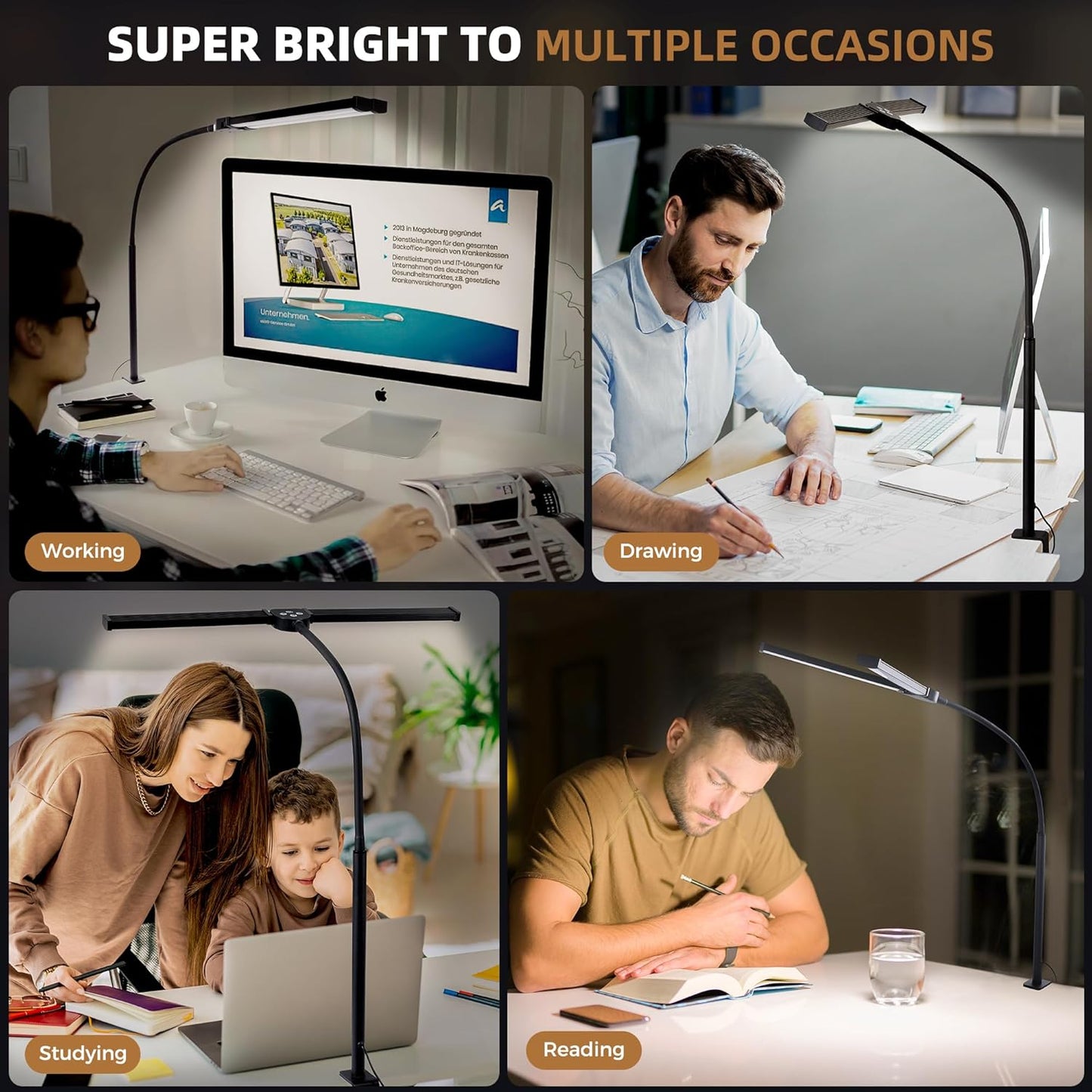 remote control (up to 32.8 ft / 10 m range) plus on-lamp button control with 1-hour auto-off timer and memory function