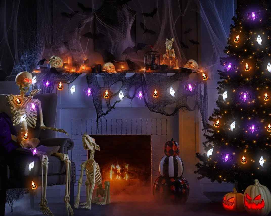 LampLustre Kids Halloween Lights Battery Operated 16FT 3D Pumpkin Bat Ghost - Cool to Touch LED String Lights for Playroom, Nursery, and Classroom Party