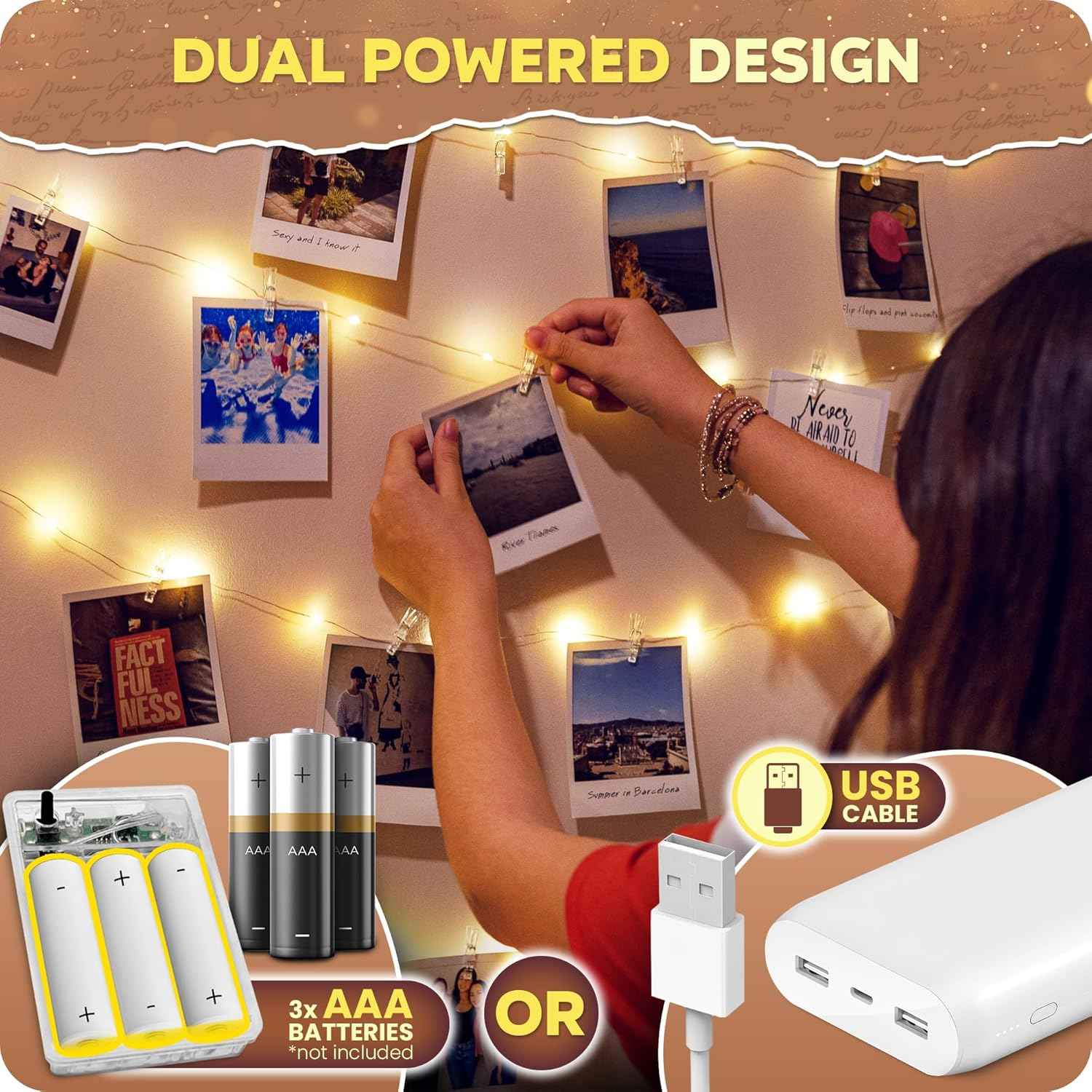 Mind-Glowing Photo Clips String Light - Bedroom Wall Decor with Warm 3000K Glow, 50 LED Picture Display String for Cozy Aesthetic