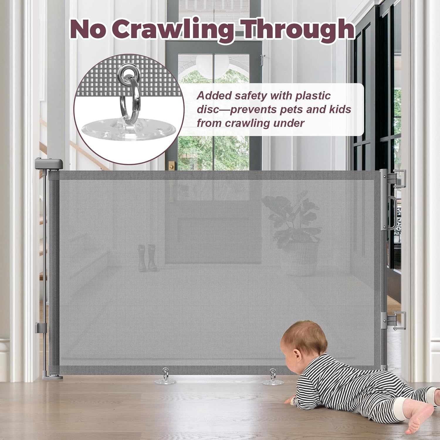 Retractable Baby Gate for Stairs – One-Hand Double-Lock Mesh Gate for Toddlers, 34" Tall Childproofing Barrier