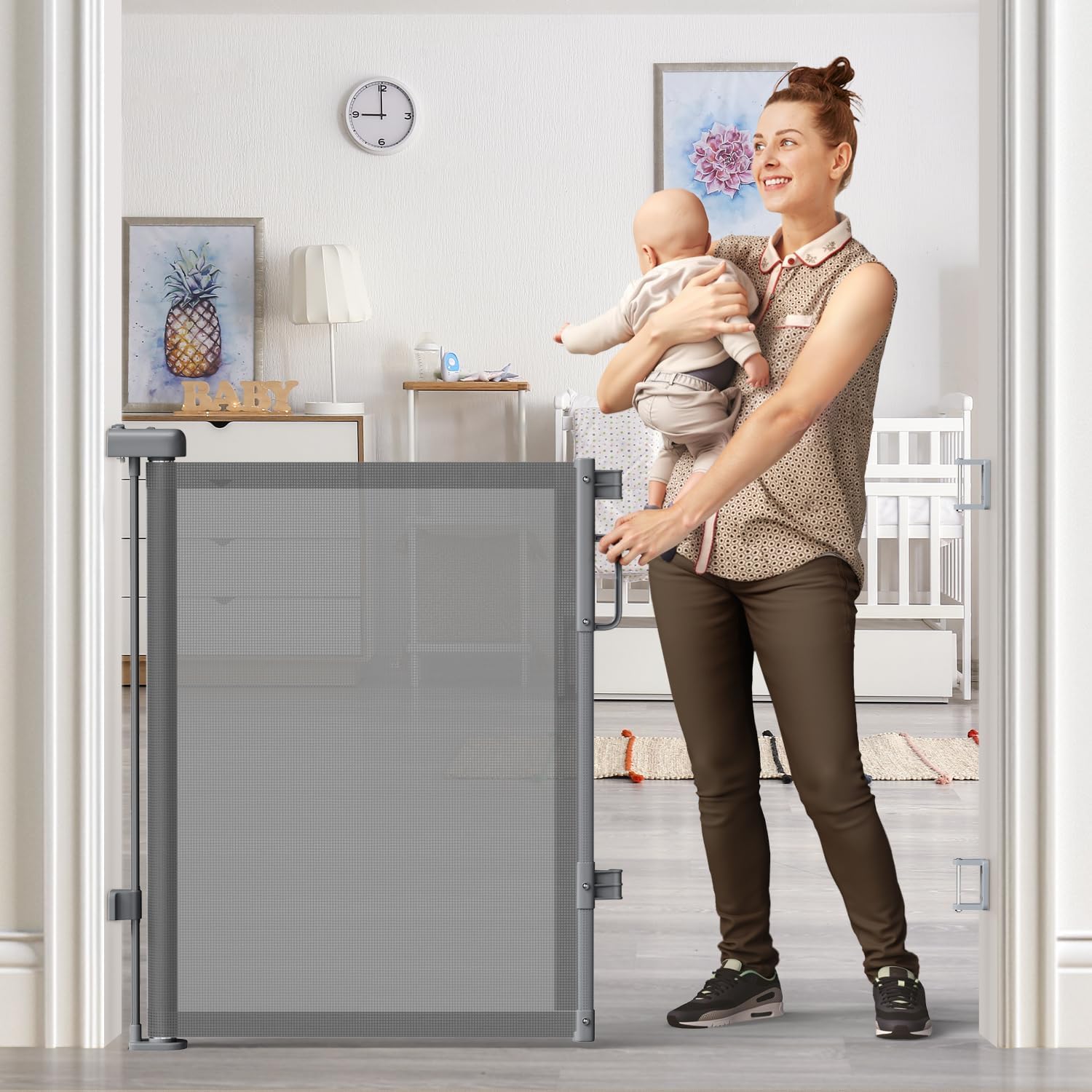 Retractable Baby Gate for Stairs – One-Hand Double-Lock Mesh Gate for Toddlers, 34" Tall Childproofing Barrier
