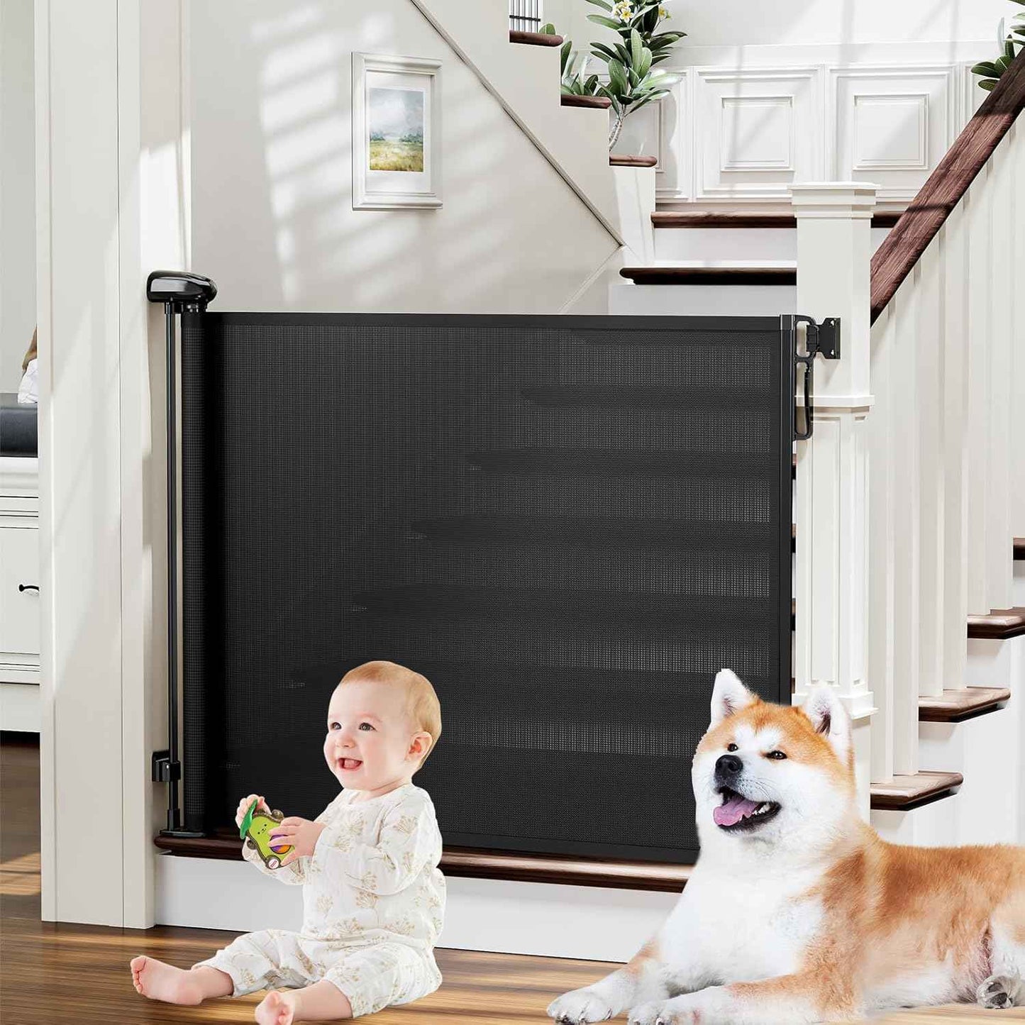 probebi Retractable Mesh Gate in White – 54" Wide Roll-Up Barrier for Clean Modern Hallways