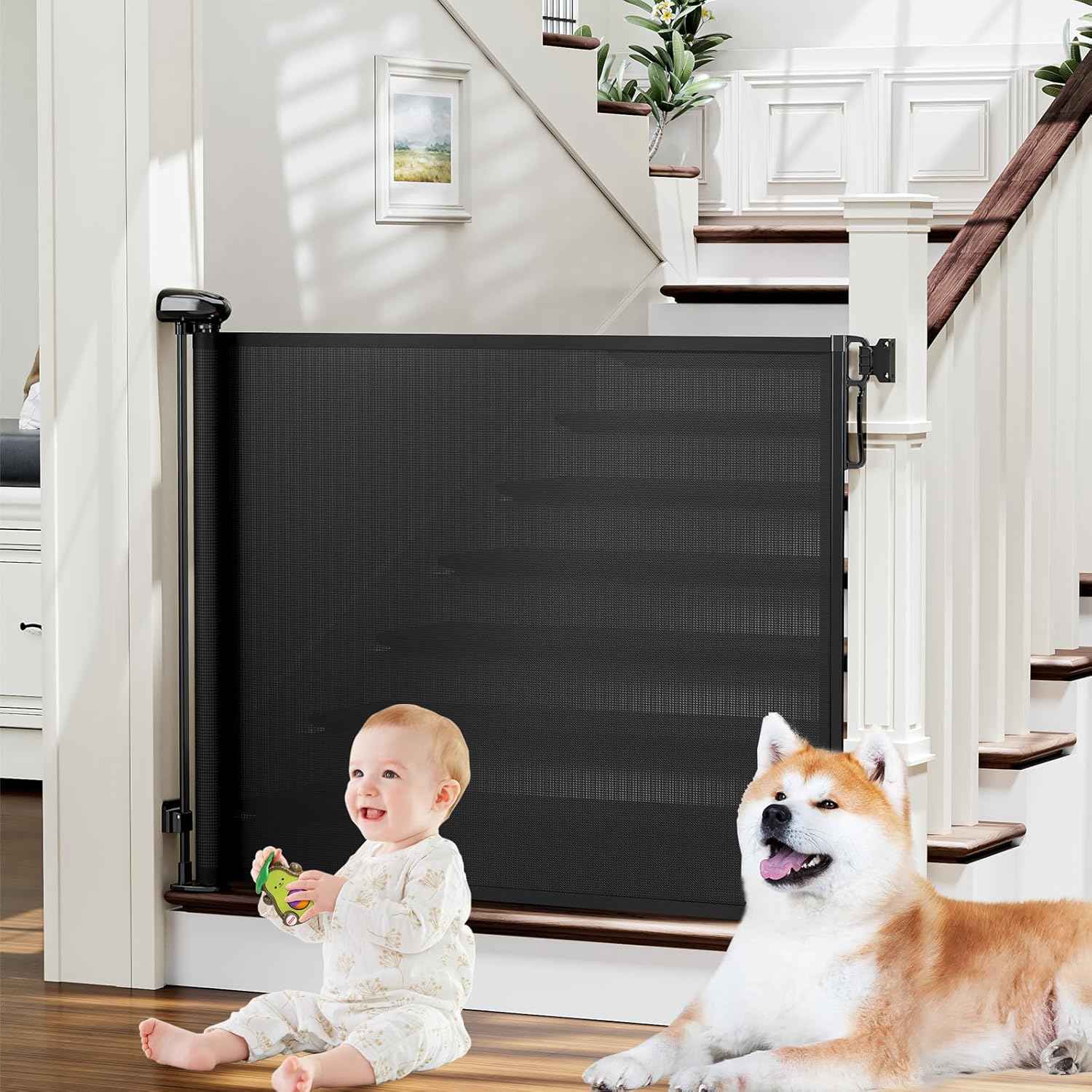 probebi Retractable Mesh Gate in White – 54" Wide Roll-Up Barrier for Clean Modern Hallways