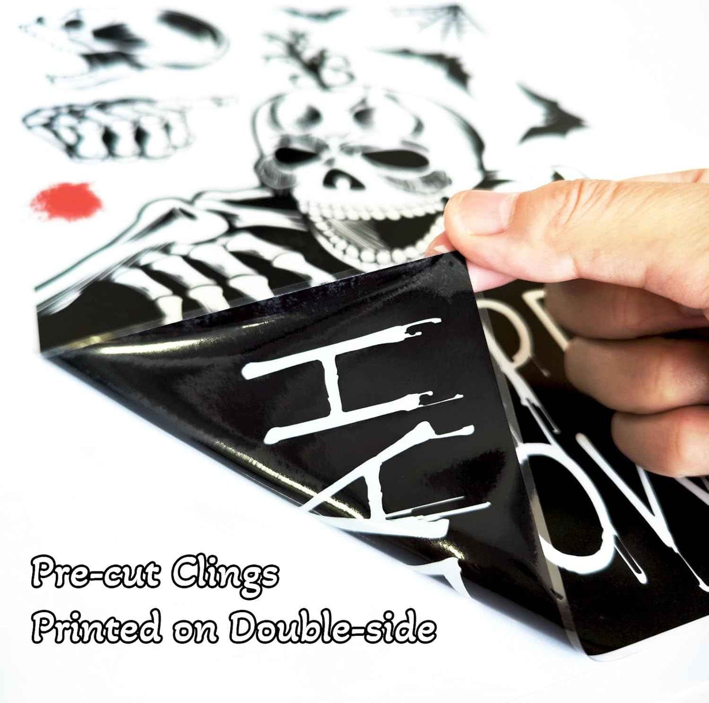 Halloween Window Decals - Mixed Skulls, Skeletons, and Blood Drops for Home Glass Doors and Stairwell Panels, Reusable Static Cling