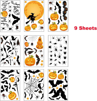Pumpkin Spider Bats Shop Window Clings – Cozy Halloween Window Accent for Living Room and Bedroom, Double-Sided Design