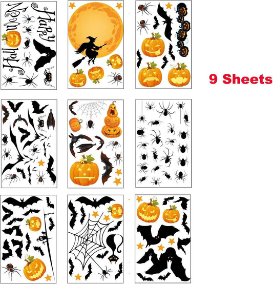 Pumpkin Spider Bats Shop Window Clings – Cozy Halloween Window Accent for Living Room and Bedroom, Double-Sided Design