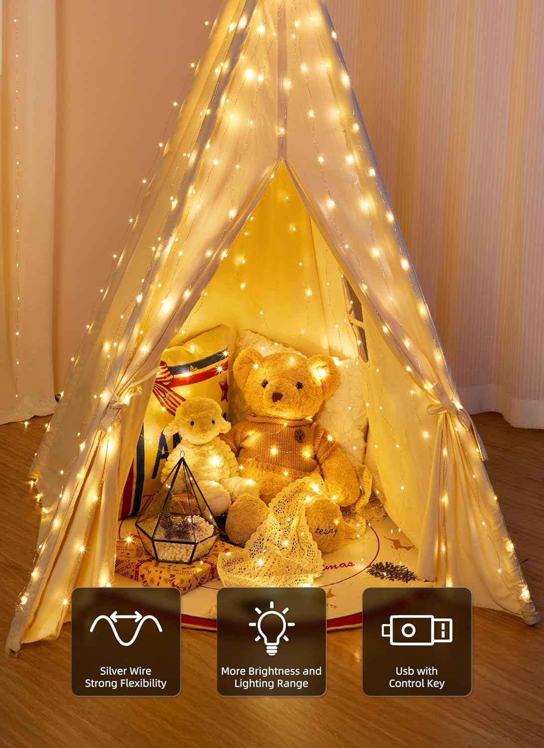 Brightown 300 LED Fairy Curtain Lights, Flameless and Cool to the Touch 5V USB Low Voltage String Lights with 6h Auto Off Timer for Bedroom