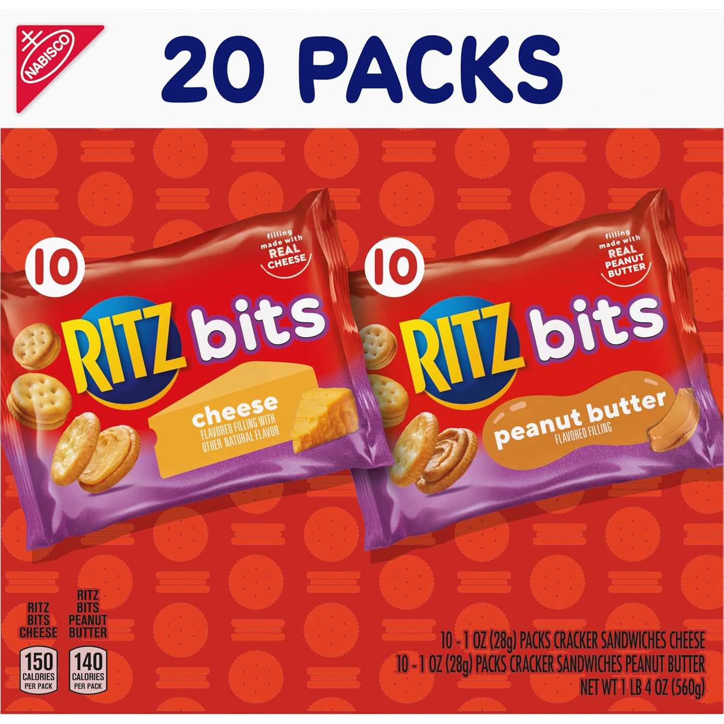RITZ Bits Cheese and Peanut Butter Crackers Variety Pack – Kids Lunchbox Snack Packs for School and After-School, 20 Single-Serve Boxes
