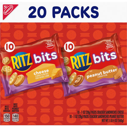 RITZ Bits Cheese and Peanut Butter Crackers Variety Pack – Kids Lunchbox Snack Packs for School and After-School, 20 Single-Serve Boxes